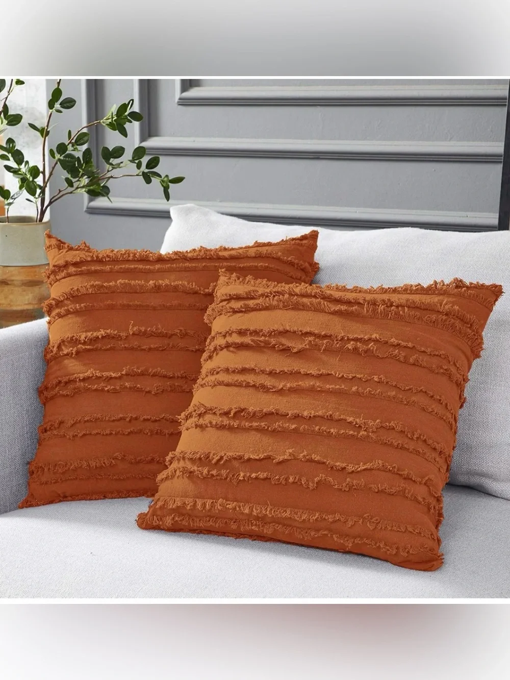 Fringed Textured Throw Pillow Pair - Burnt Orange